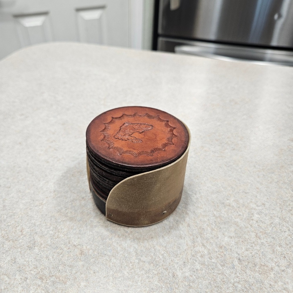 Handmade Leather Coaster‎ Set 9pc Brown Wildlife Embossed Rustic Cabin Lodge - Picture 3 of 8